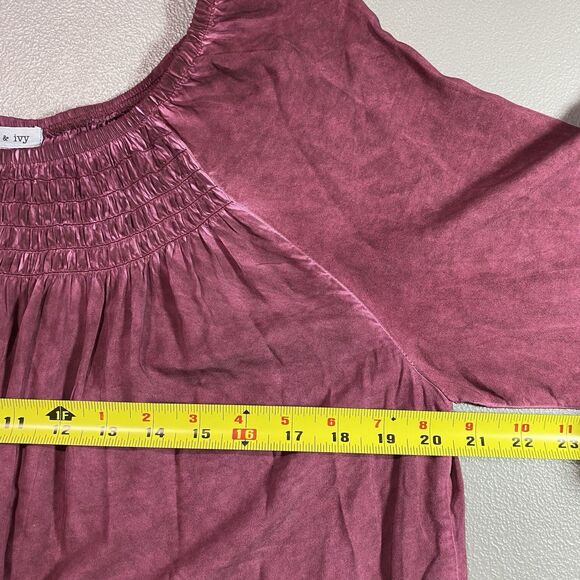 Floral & Ivy Blouse Smocked Neck Crochet Sleeve Tunic Flowy Womens Sz L Red Wine - Picture 6 of 10